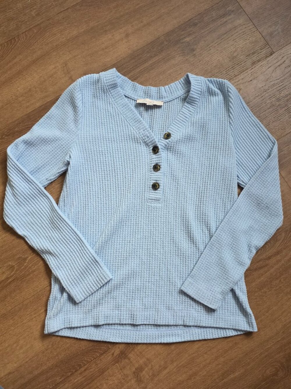 LOFT Light Blue Waffle Knit Henley Top Long Sleeve